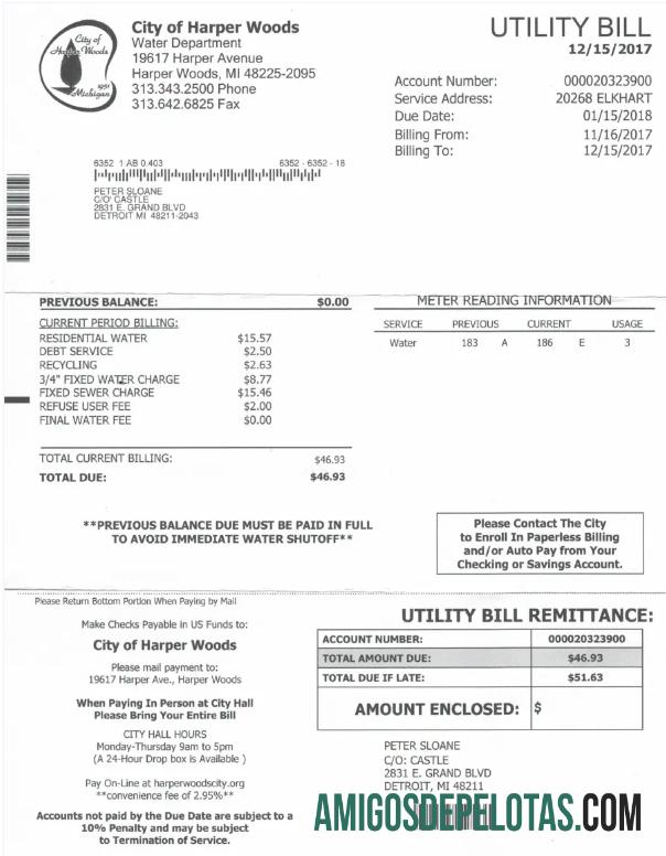 Para baxiar EUA, CIDADE DE HARPER WOODS, conta de serviços públicos, modelo Word e PDF